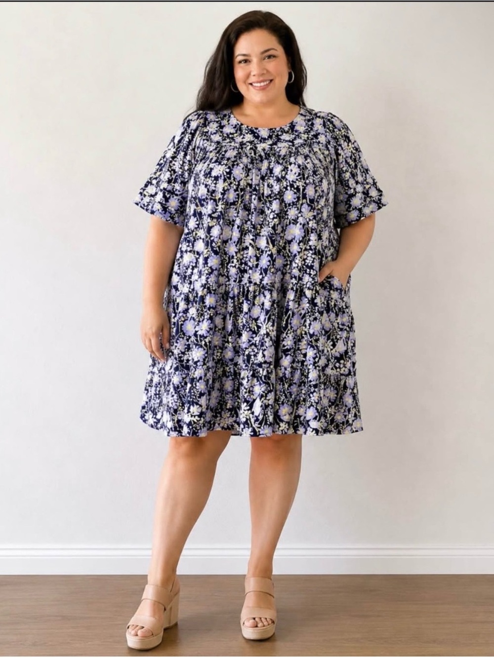 Ava & Viv Navy & Purple Floral Short Sleeve Dress, Size 0X